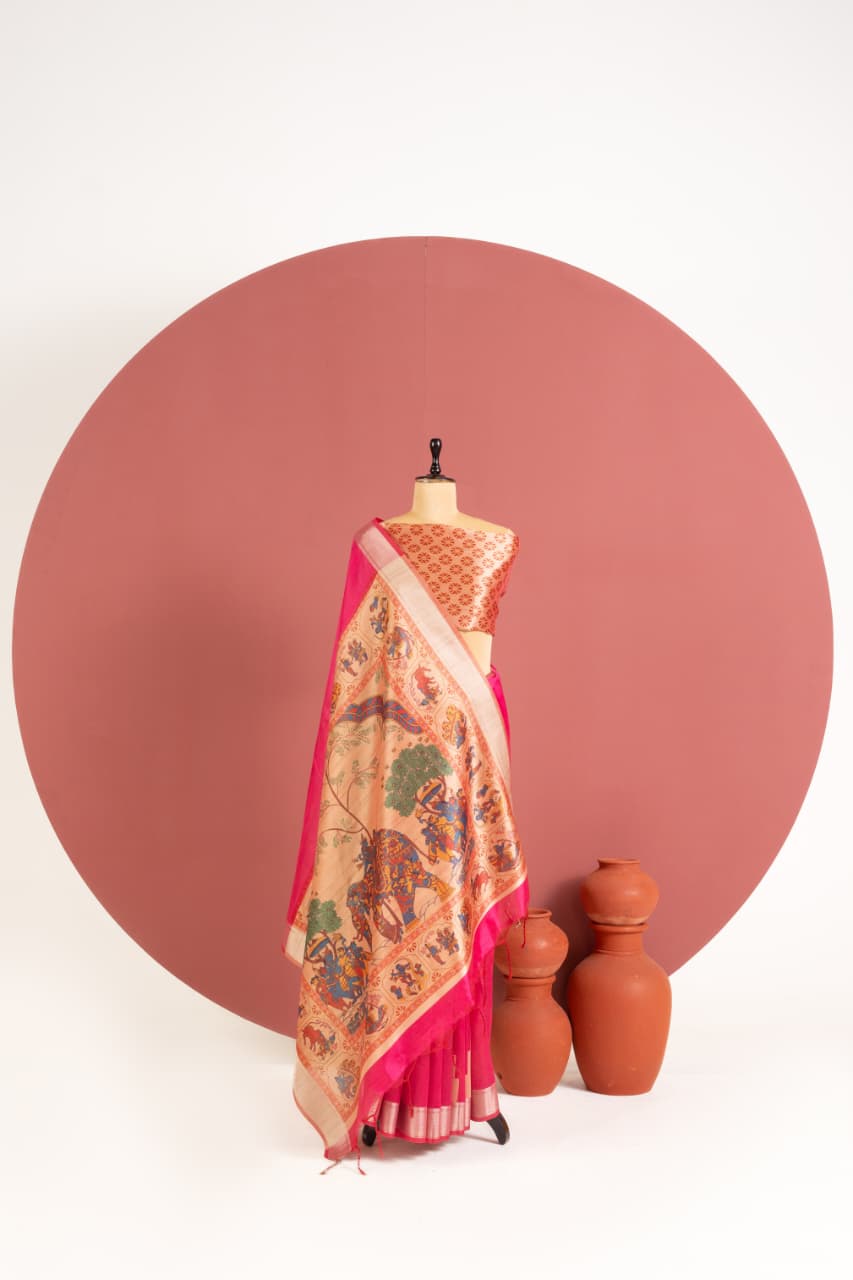 Deep Maroon Soft Khadi Raw Silk Kalamkari Saree